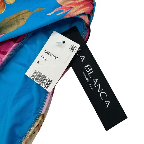 LA BLANCA *NEW* Shirred Band Hipster Bikini Bottom Tropical Blue Size 8 LB0M195 - Picture 3 of 4